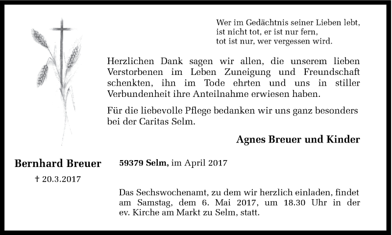 Traueranzeige für Bernhard Breuer vom 29.04.2017 aus Ruhr Nachrichten