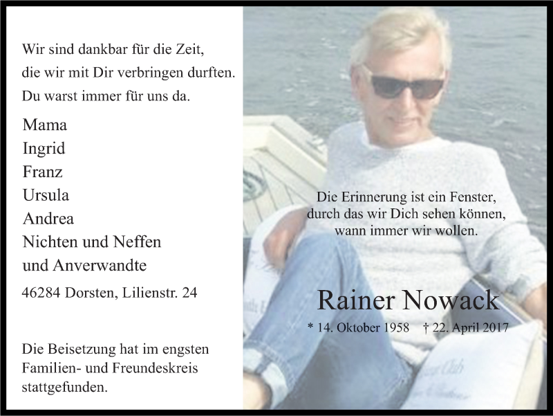  Traueranzeige für Rainer Nowack vom 06.05.2017 aus Ruhr Nachrichten und Dorstener Zeitung