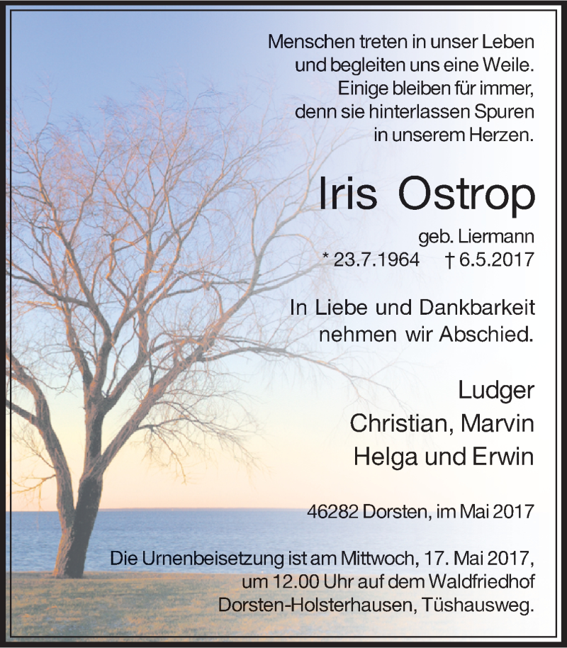  Traueranzeige für Iris Ostrop vom 12.05.2017 aus Ruhr Nachrichten und Dorstener Zeitung