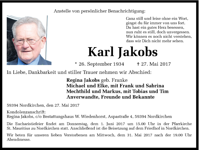  Traueranzeige für Karl Jakobs vom 30.05.2017 aus Ruhr Nachrichten