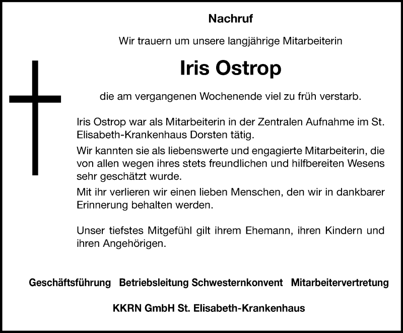  Traueranzeige für Iris Ostrop vom 13.05.2017 aus Ruhr Nachrichten und Dorstener Zeitung