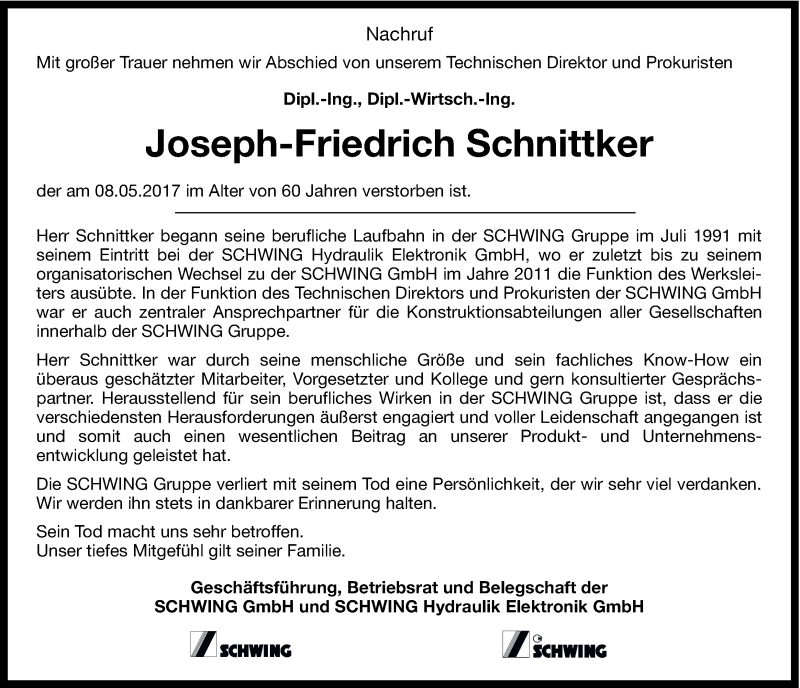  Traueranzeige für Joseph-Friedrich Schnittker vom 19.05.2017 aus Ruhr Nachrichten