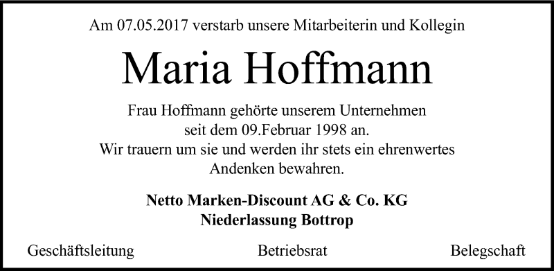  Traueranzeige für Maria Hoffmann vom 13.05.2017 aus Ruhr Nachrichten und Dorstener Zeitung