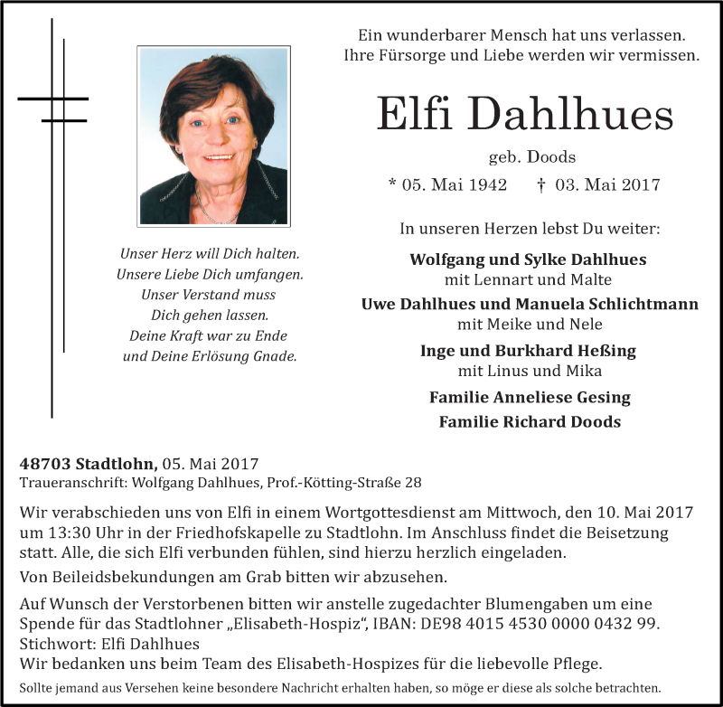  Traueranzeige für Elfi Dahlhues vom 06.05.2017 aus Münstersche Zeitung und Münsterland Zeitung