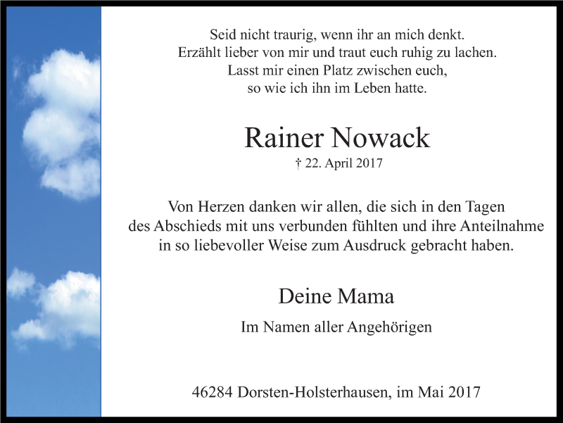  Traueranzeige für Rainer Nowack vom 29.05.2017 aus Ruhr Nachrichten und Dorstener Zeitung
