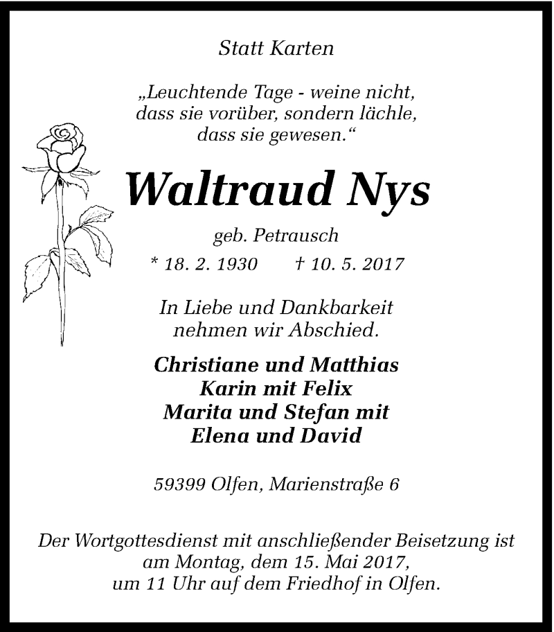  Traueranzeige für Waltraud Nys vom 11.05.2017 aus Ruhr Nachrichten
