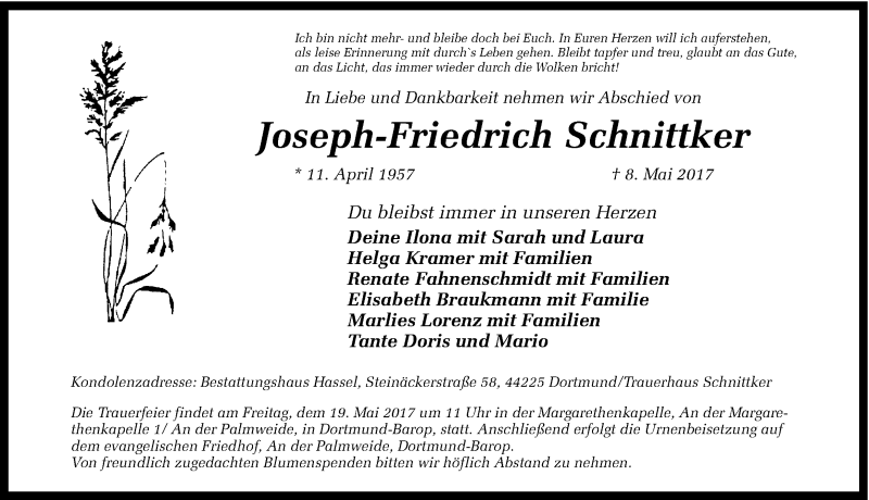  Traueranzeige für Joseph-Friedrich Schnittker vom 15.05.2017 aus Ruhr Nachrichten