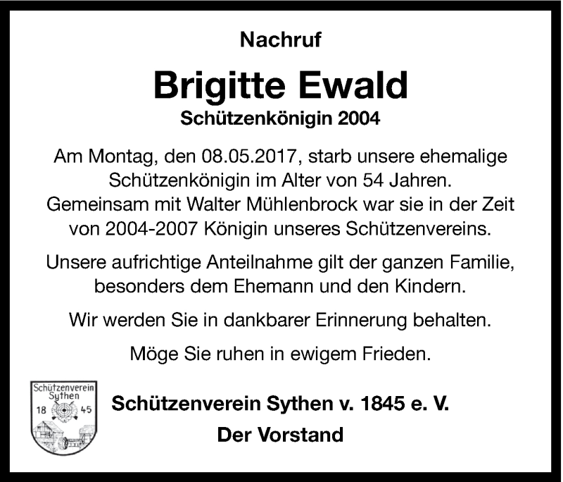  Traueranzeige für Brigitte Ewald vom 16.05.2017 aus Ruhr Nachrichten und Halterner Zeitung