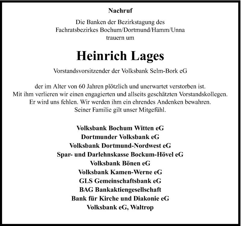  Traueranzeige für Heinrich Lages vom 31.05.2017 aus Ruhr Nachrichten