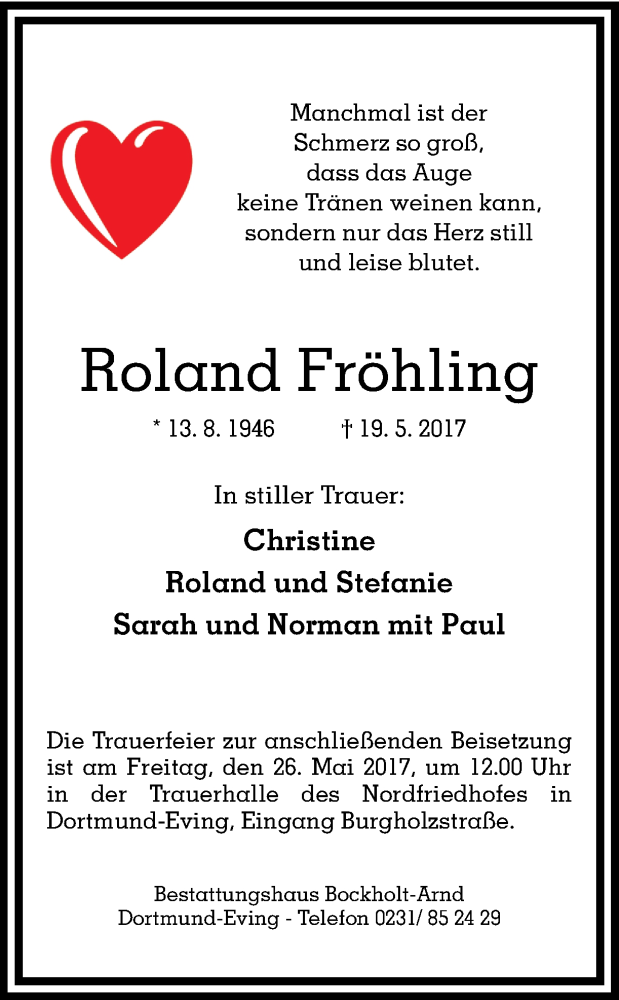  Traueranzeige für Roland Fröhling vom 23.05.2017 aus Ruhr Nachrichten