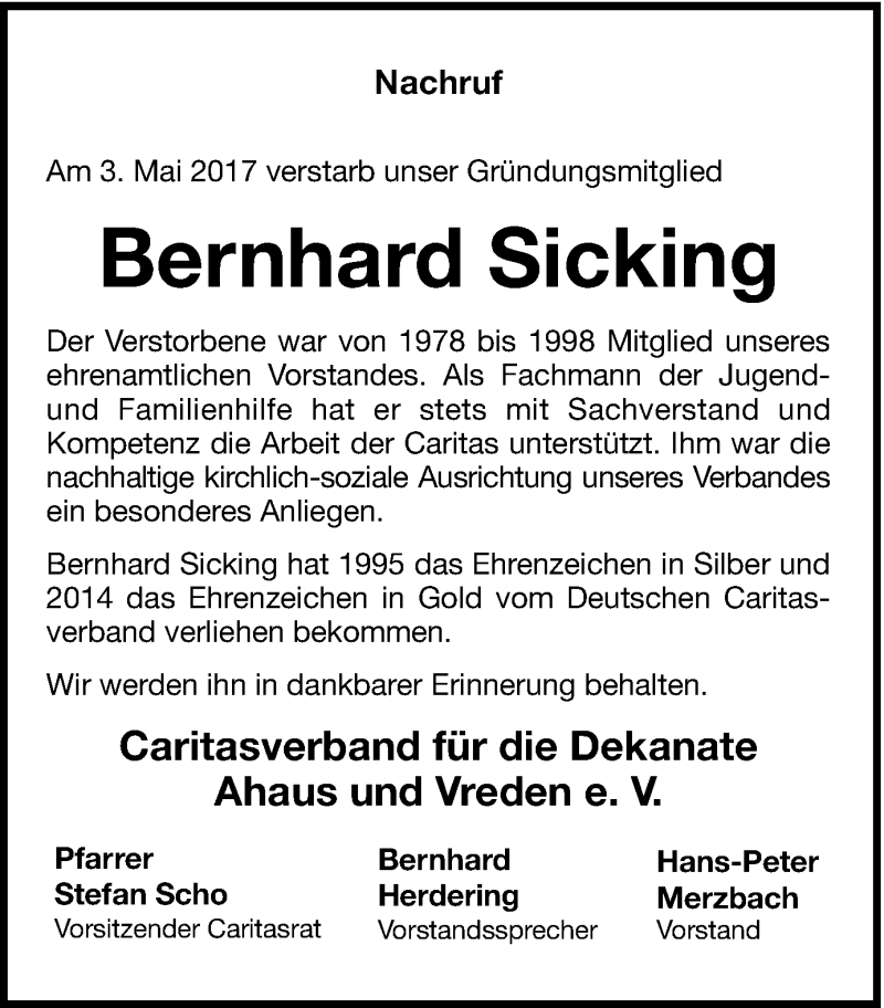  Traueranzeige für Bernhard Sicking vom 11.05.2017 aus Münstersche Zeitung und Münsterland Zeitung