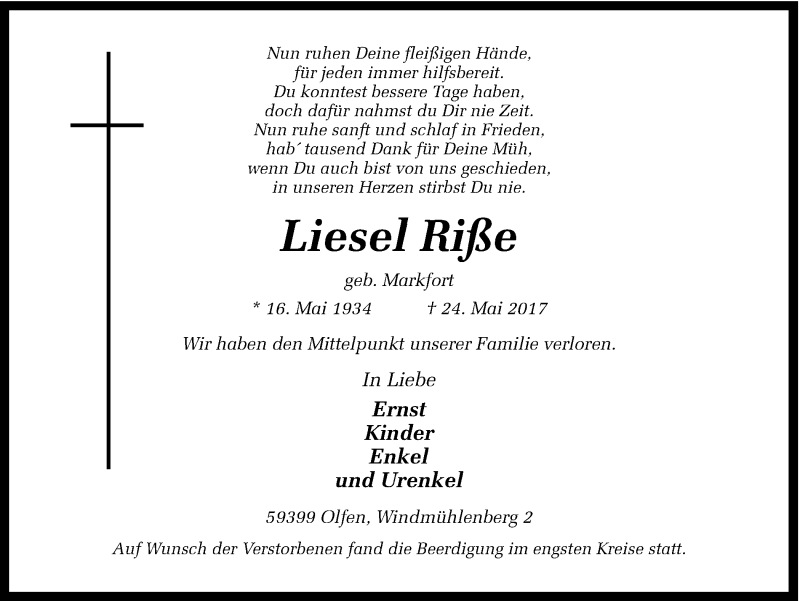  Traueranzeige für Liesel Riße vom 30.05.2017 aus Ruhr Nachrichten