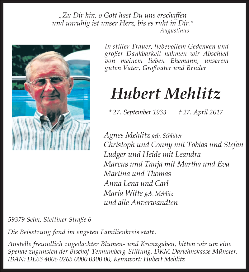  Traueranzeige für Hubert Mehlitz vom 06.05.2017 aus Ruhr Nachrichten