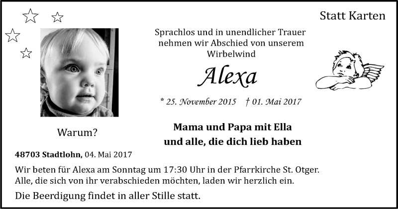 Traueranzeige für Alexa  vom 05.05.2017 aus Münstersche Zeitung und Münsterland Zeitung