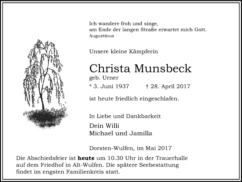  Traueranzeige für Christa Munsbeck vom 04.05.2017 aus Ruhr Nachrichten und Dorstener Zeitung