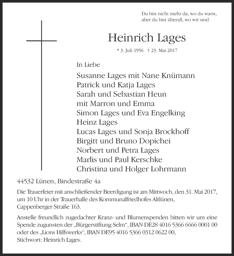  Traueranzeige für Heinrich Lages vom 27.05.2017 aus Ruhr Nachrichten