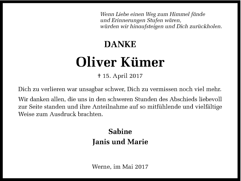  Traueranzeige für Oliver Kümer vom 27.05.2017 aus Ruhr Nachrichten