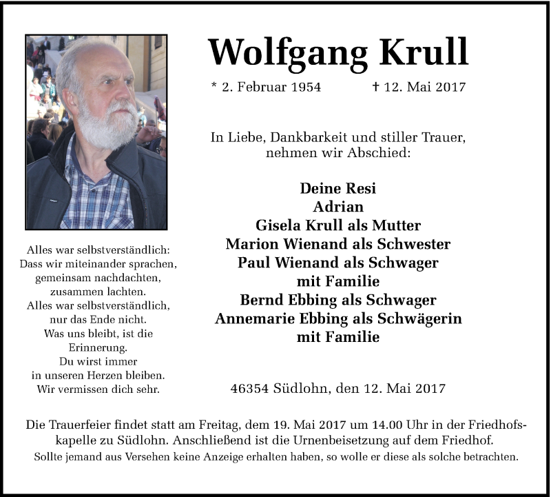  Traueranzeige für Wolfgang Krull vom 17.05.2017 aus Münstersche Zeitung und Münsterland Zeitung