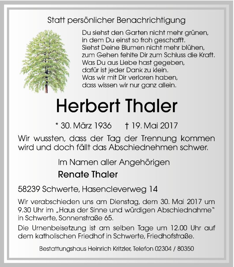  Traueranzeige für Herbert Thaler vom 27.05.2017 aus Ruhr Nachrichten