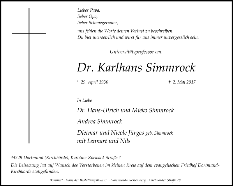  Traueranzeige für Karlhans Simmrock vom 15.05.2017 aus Ruhr Nachrichten