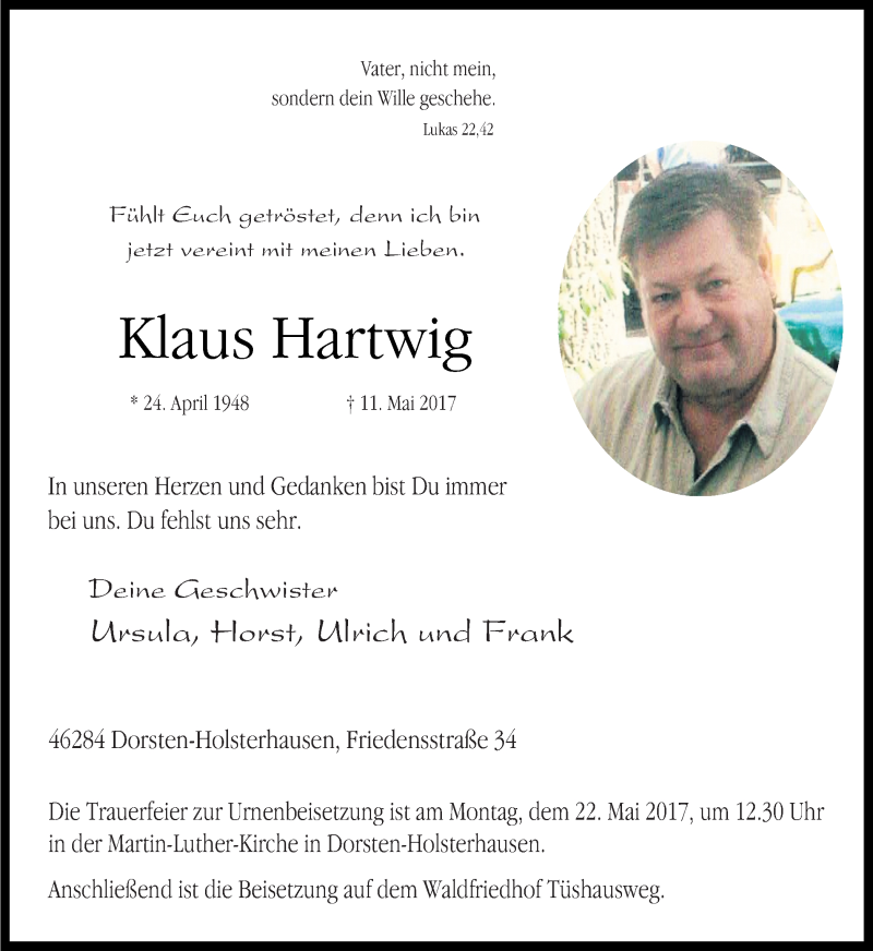 Traueranzeige für Klaus Hartwig vom 18.05.2017 aus Ruhr Nachrichten und Dorstener Zeitung