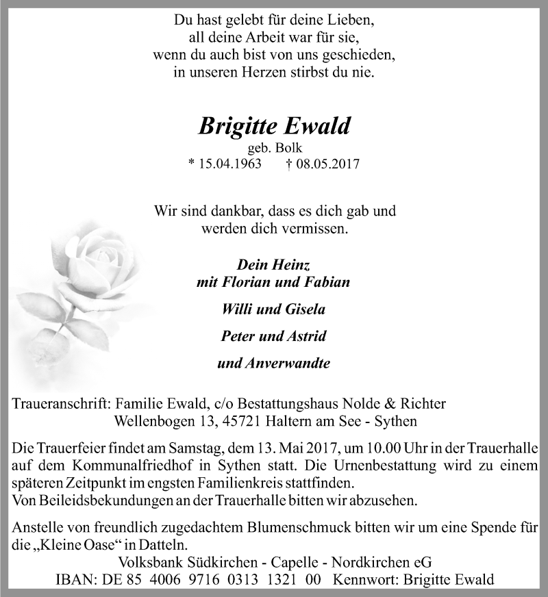  Traueranzeige für Brigitte Ewald vom 10.05.2017 aus Ruhr Nachrichten und Halterner Zeitung