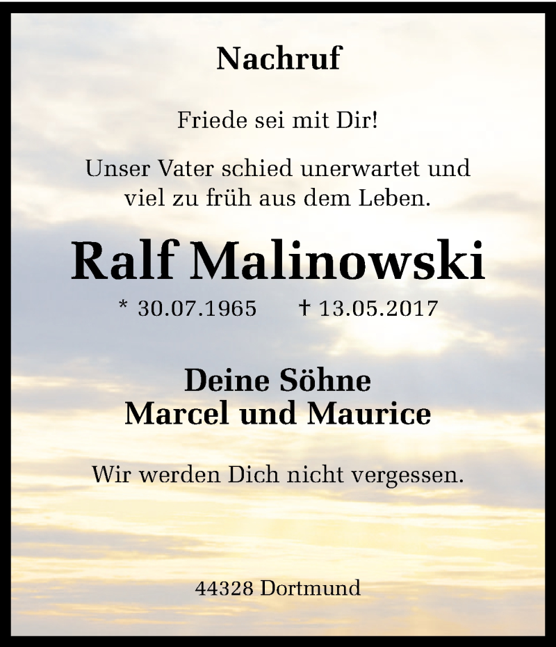  Traueranzeige für Ralf Malinowski vom 24.05.2017 aus Ruhr Nachrichten