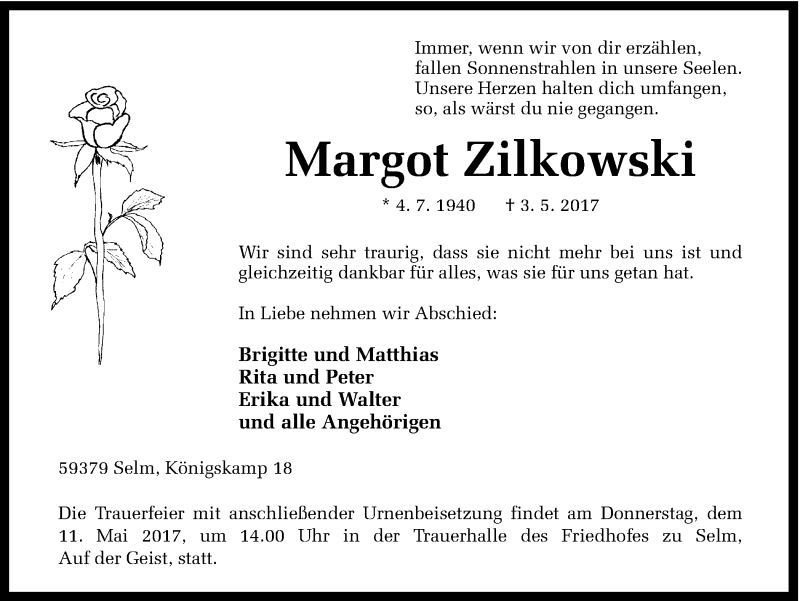  Traueranzeige für Margot Zilkowski vom 05.05.2017 aus Ruhr Nachrichten