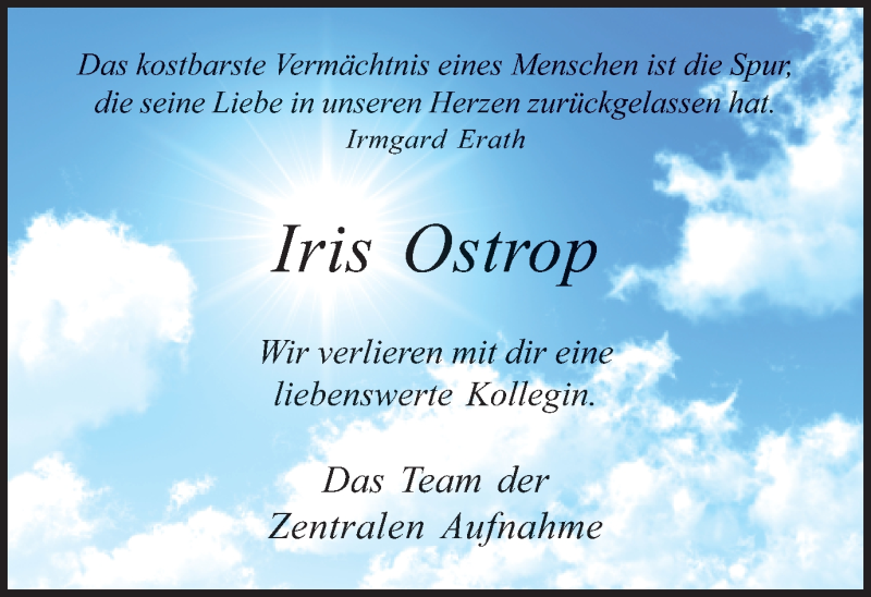  Traueranzeige für Iris Ostrop vom 15.05.2017 aus Ruhr Nachrichten und Dorstener Zeitung