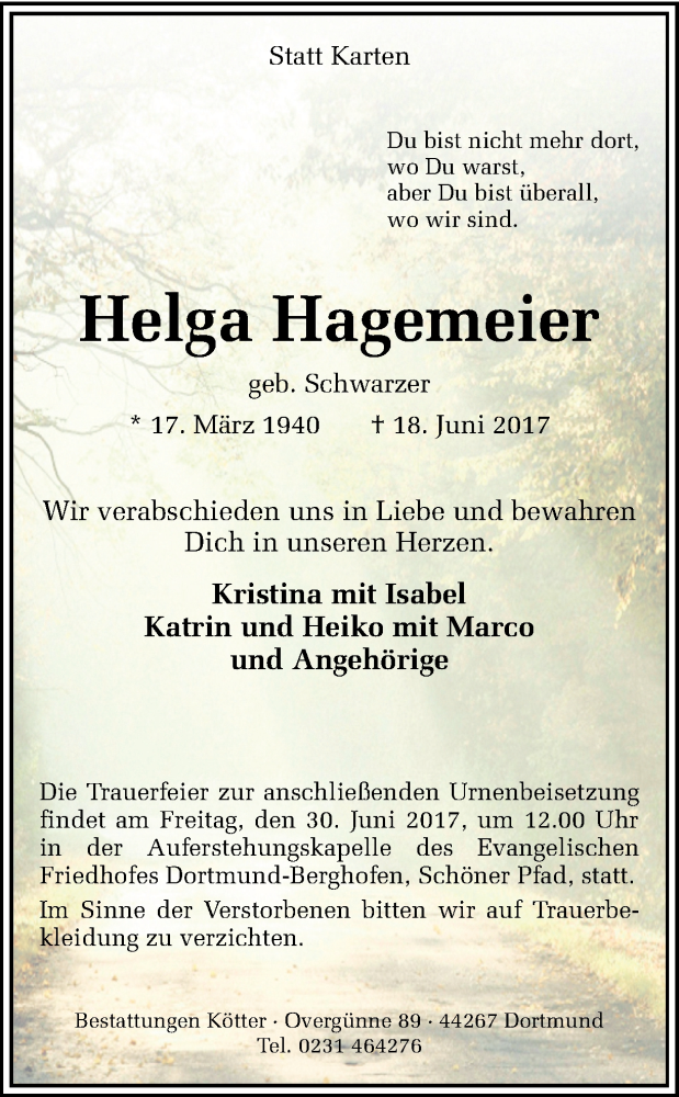 Traueranzeige für Helga Hagemeier vom 24.06.2017 aus Ruhr Nachrichten