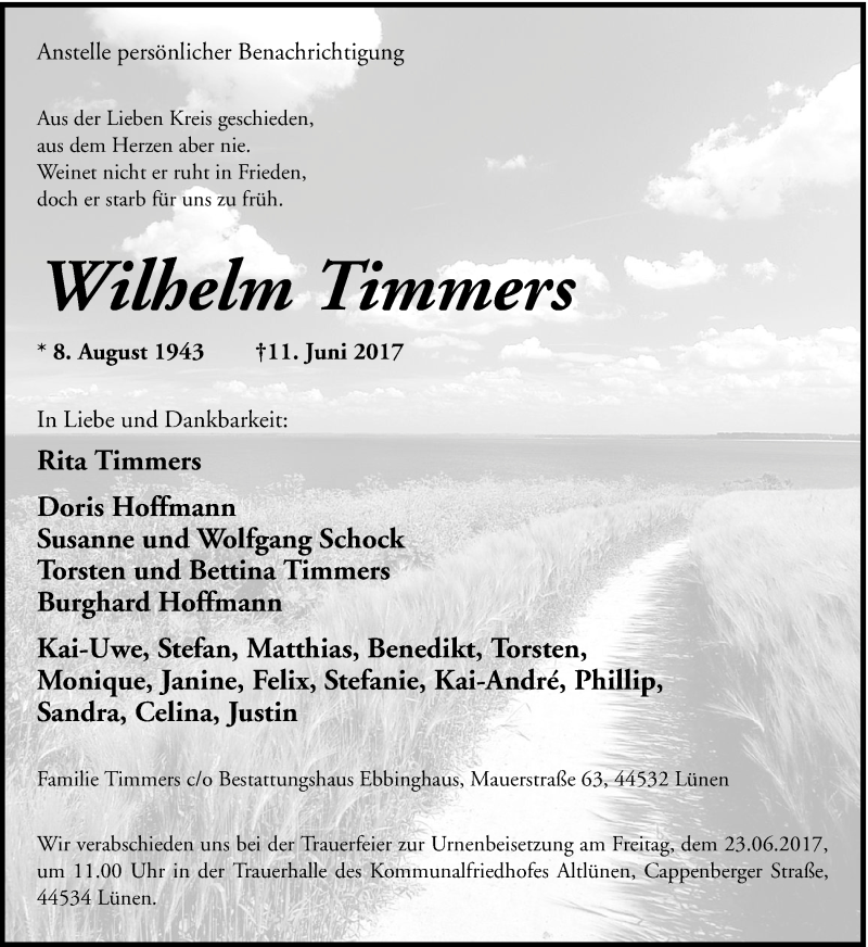  Traueranzeige für Wilhelm Timmers vom 17.06.2017 aus Ruhr Nachrichten