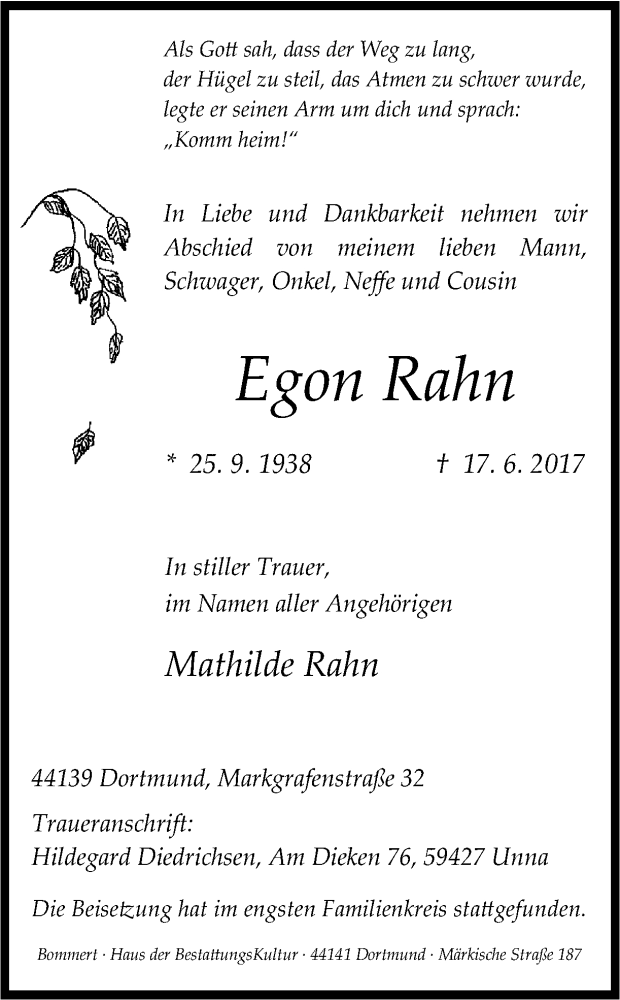  Traueranzeige für Egon Rahn vom 28.06.2017 aus Ruhr Nachrichten