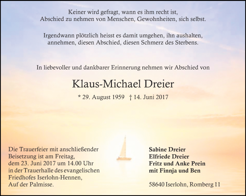  Traueranzeige für Klaus-Michael Dreier vom 20.06.2017 aus Ruhr Nachrichten