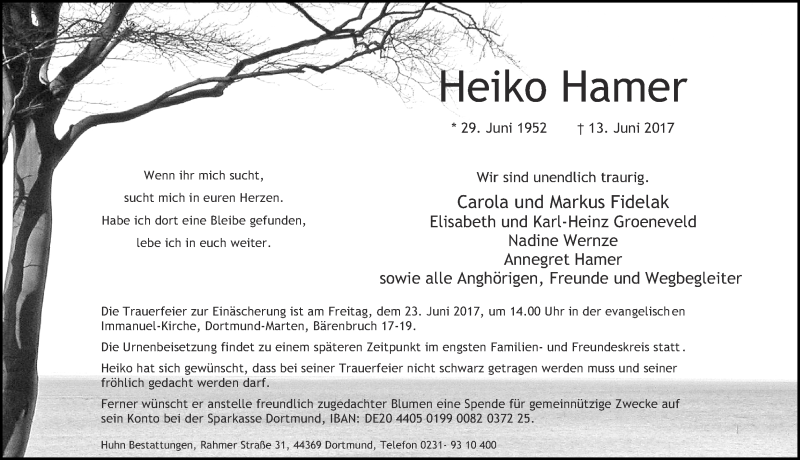  Traueranzeige für Heiko Hamer vom 21.06.2017 aus Ruhr Nachrichten