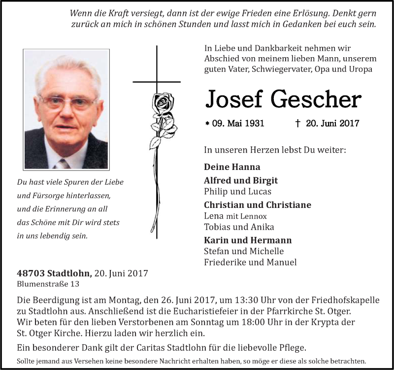  Traueranzeige für Josef Gescher vom 22.06.2017 aus Münstersche Zeitung und Münsterland Zeitung