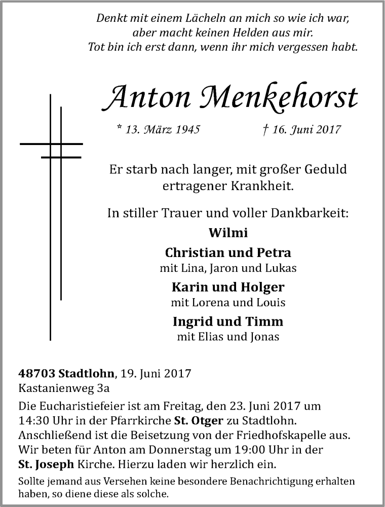  Traueranzeige für Anton Menkehorst vom 21.06.2017 aus Münstersche Zeitung und Münsterland Zeitung