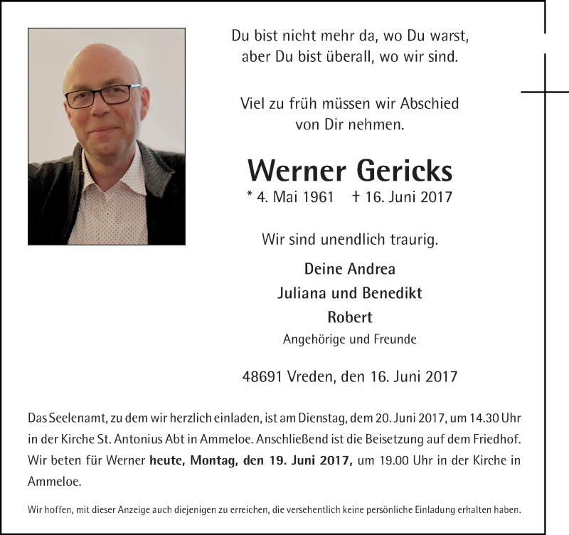  Traueranzeige für Werner Gericks vom 19.06.2017 aus Münstersche Zeitung und Münsterland Zeitung
