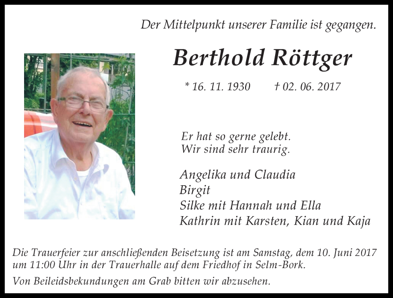  Traueranzeige für Berthold Röttger vom 06.06.2017 aus Ruhr Nachrichten