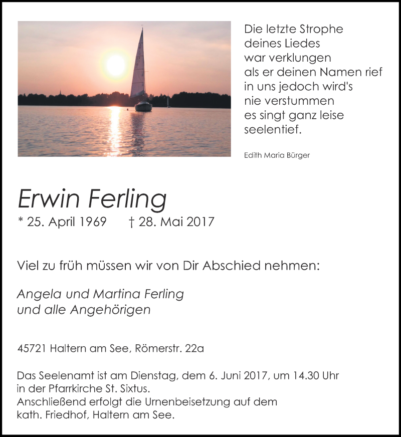  Traueranzeige für Erwin Ferling vom 01.06.2017 aus Ruhr Nachrichten und Halterner Zeitung