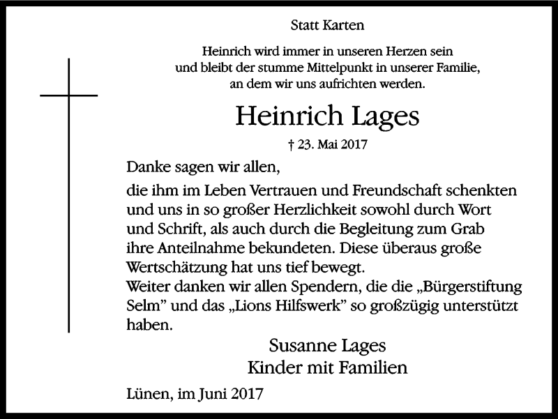  Traueranzeige für Heinrich Lages vom 24.06.2017 aus Ruhr Nachrichten