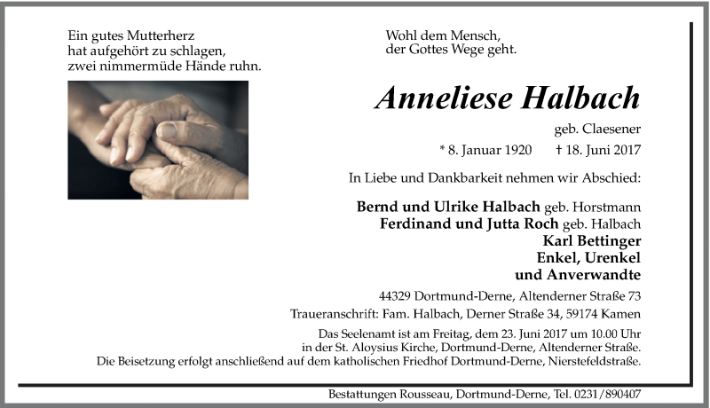  Traueranzeige für Anneliese Halbach vom 21.06.2017 aus Ruhr Nachrichten