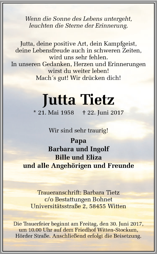  Traueranzeige für Jutta Tietz vom 24.06.2017 aus Ruhr Nachrichten