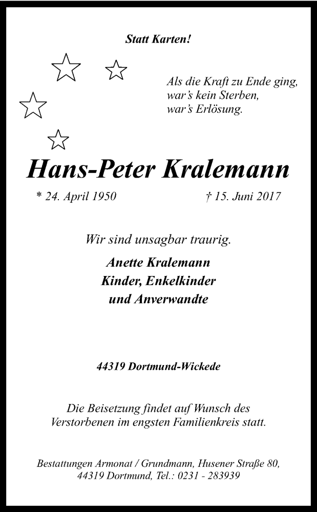  Traueranzeige für Hans-Peter Kralemann vom 19.06.2017 aus Ruhr Nachrichten