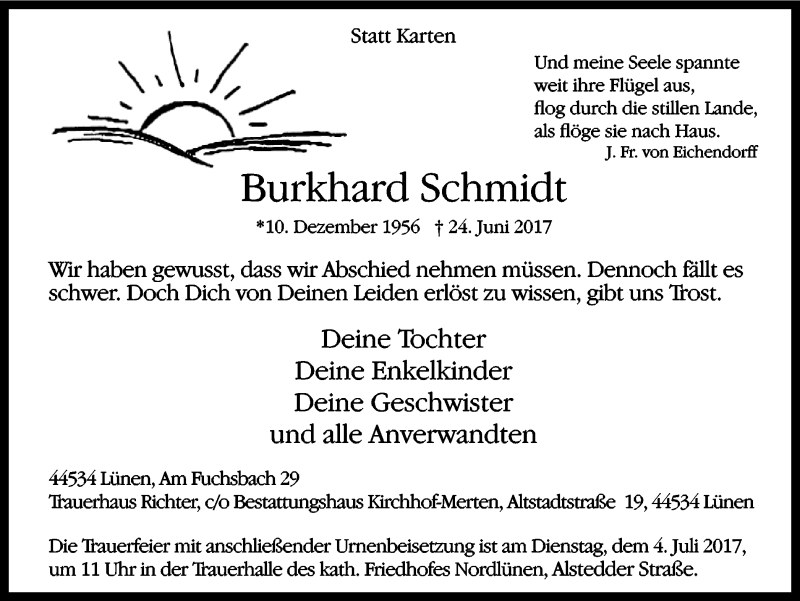  Traueranzeige für Burkhard Schmidt vom 28.06.2017 aus Ruhr Nachrichten