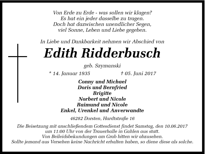  Traueranzeige für Edith Ridderbusch vom 08.06.2017 aus Ruhr Nachrichten und Dorstener Zeitung