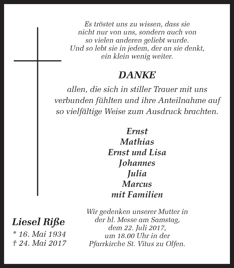  Traueranzeige für Liesel Riße vom 08.07.2017 aus Ruhr Nachrichten