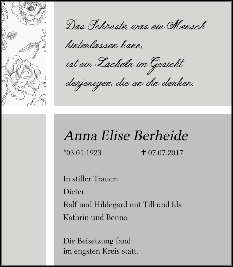  Traueranzeige für Anna Elise Berheide vom 17.07.2017 aus Ruhr Nachrichten und Halterner Zeitung