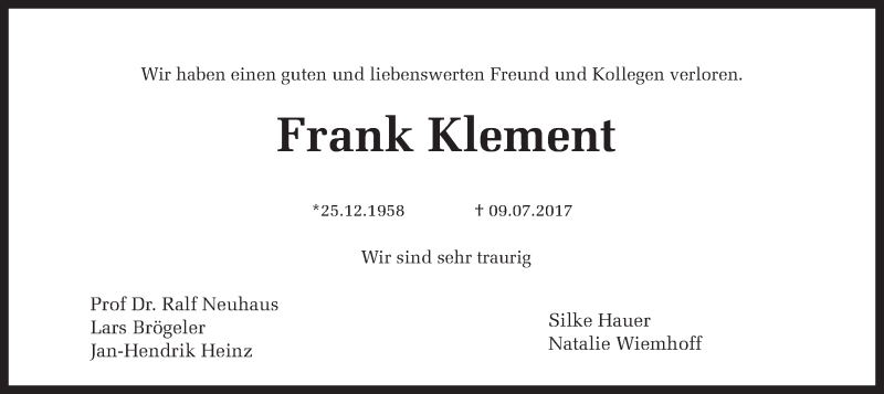  Traueranzeige für Frank Klement vom 15.07.2017 aus Ruhr Nachrichten