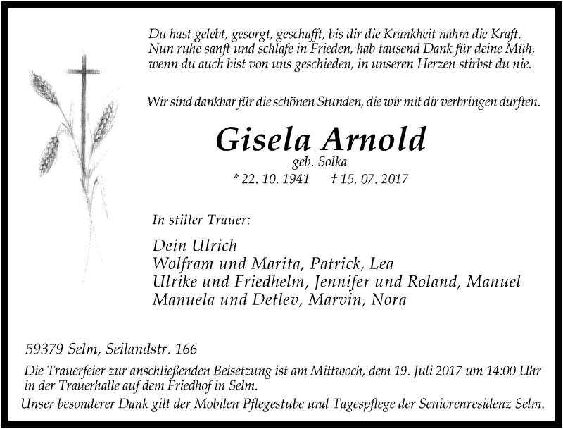  Traueranzeige für Gisela Arnold vom 17.07.2017 aus Ruhr Nachrichten