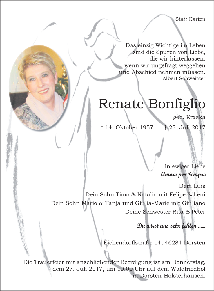  Traueranzeige für Renate Bonfiglio vom 26.07.2017 aus Ruhr Nachrichten und Dorstener Zeitung
